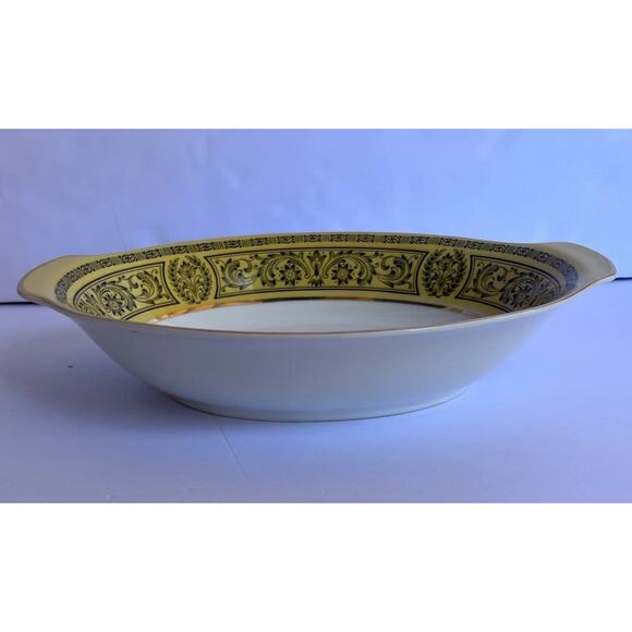 VINTAGE GOLDEN DAMASK BONE CHINA SERVING BOWL 10.5” By 7.5” - Picture 7 of 16